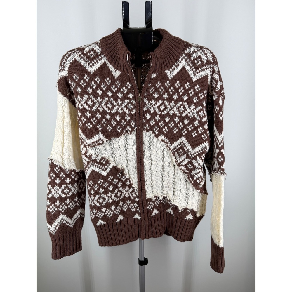 Easel Los Angeles Fair Isle Cable‎ Knit Patchwork Zip Cardigan Sweater Brown S